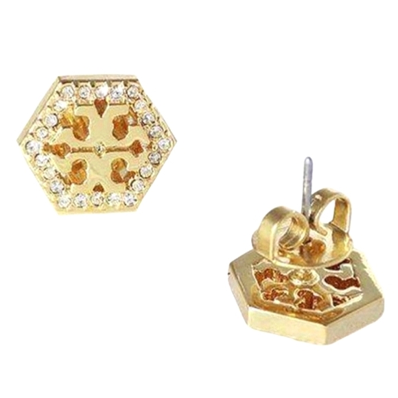 New Tory Burch Hex Pavรฉ Stud Earrings in Gold - Picture 3 of 5